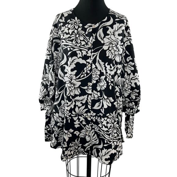 PERSONA BY MARINA RINALDI Black White Floral Print Fiero Button Down Top 14 NEW - Picture 1 of 10